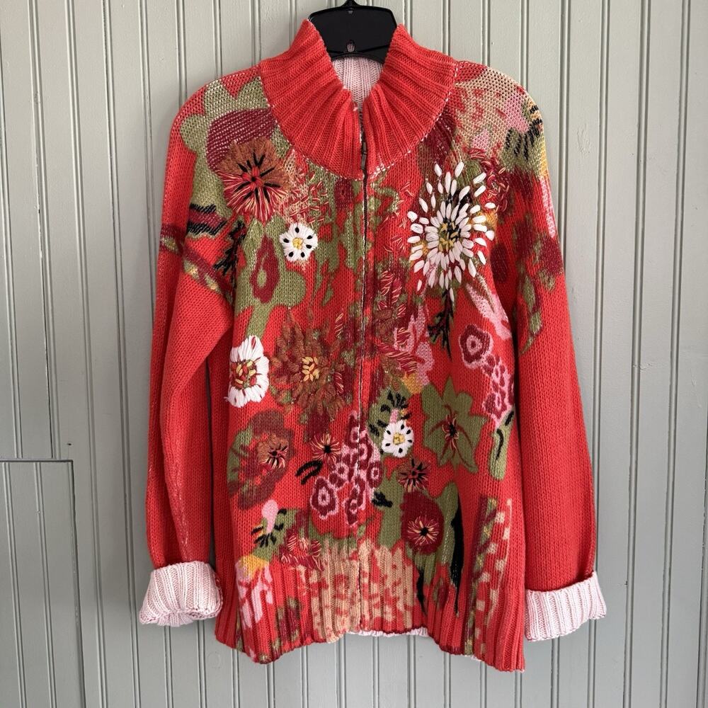 Vtg Womens Orange Embroidered Zip Up Knit Cardigan Sweater Cottagecore Large
